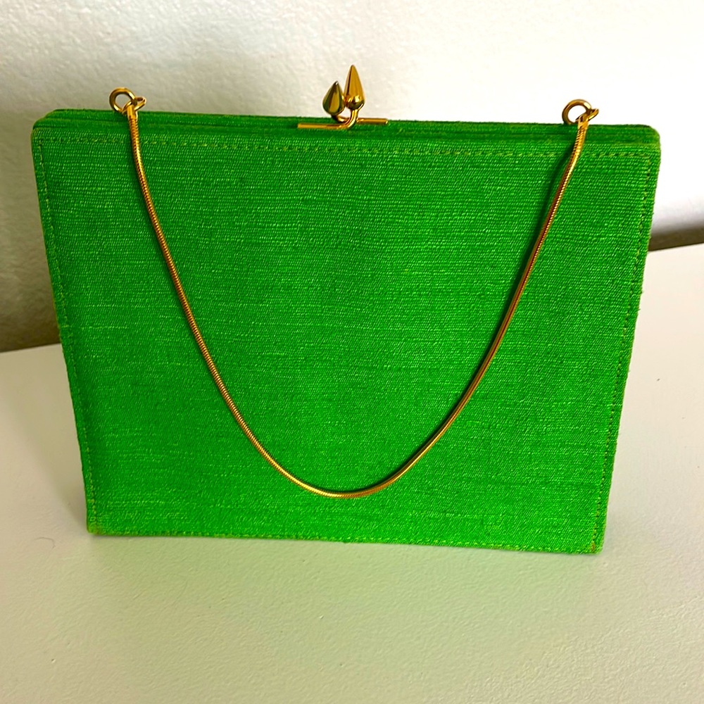 Vintage purse bright green with matching mirror.